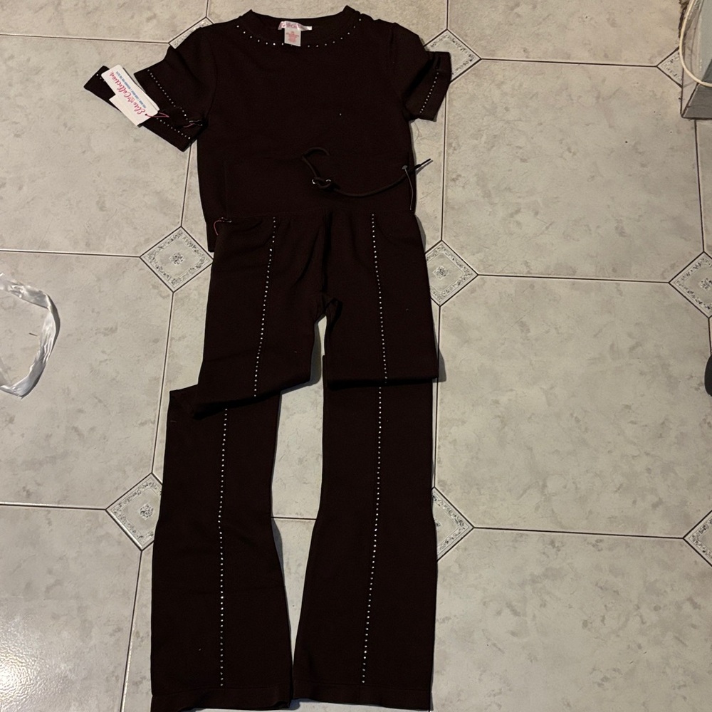 Brown 2 Piece Set Boot Cut & Flare Pants Studded T-shirt for Sumner Fun